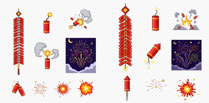 Set of cartoon firecrackers, rockets, and fireworks explosions for celebrations and festivals.