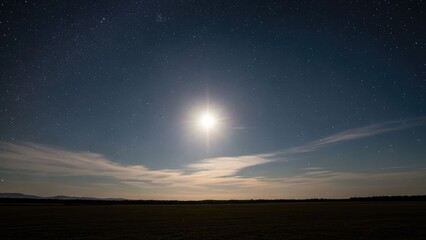 Obraz premium Night sky scene with a bright moon, clouds and fields under the stars
