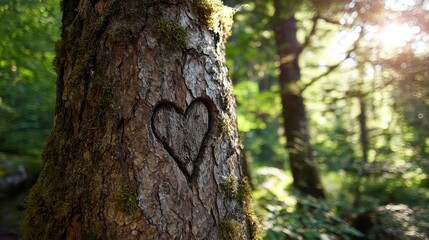 Close-up of heart shape carved into a tree trunk, bathed in sunlight. Surrounded by lush greenery in a forest