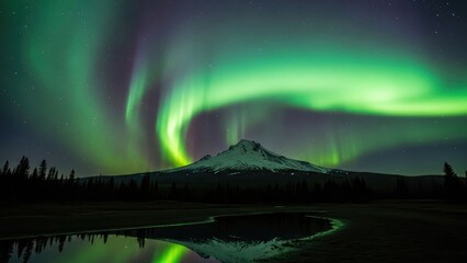Nightscape of a mountain under swirling green and purple aurora borealis
