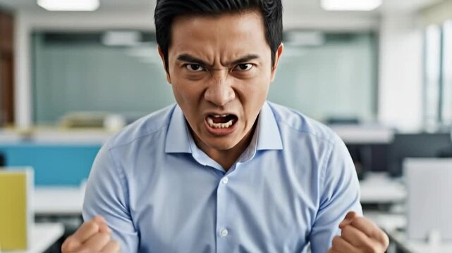 Angry Young Asian Businessman in Office Expressing Frustration and Stress at Work