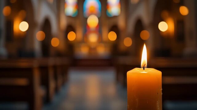 Glowing Candle Flame Illuminating a Dimly Lit Christian Church Interior with Stained Glass Windows and Pews, a Serene Spiritual Moment with copy space