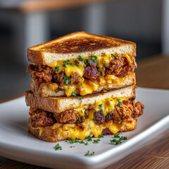 Crispy Fried Chicken Grilled Cheese Sandwich with Melted Cheese Pull, Comfort Food Close-Up on Rustic Surface