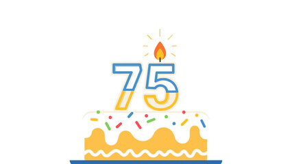 Illustration of a yellow birthday cake with white frosting, colorful sprinkles, and a lit candle on top forming the number 75 against a clean white background.