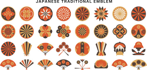 Japanese traditional emblem set, Kamon crest icons, red gold black motifs, cultural symbols, heritage design, floral abstract pattern, flat vector illustration © salema khatun