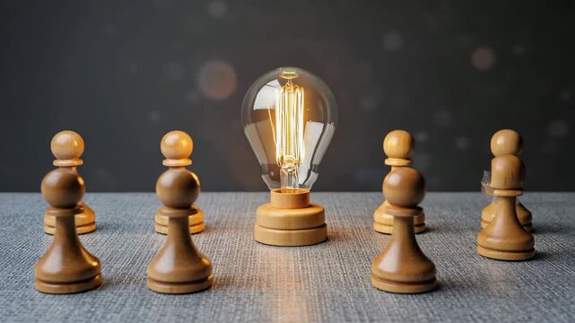 Illuminated Edison bulb standing out among several wooden chess pieces, symbolizing innovation, individuality, and intellectual spark in a professional context, 4K video.