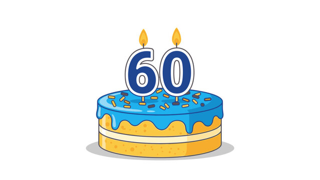 Illustration of a blue and yellow birthday cake with two lit candles forming the number 60 on top against a white background.