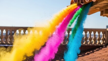 Colorful smoke streams of yellow, pink, orange, green, and blue flowing from a rooftop against a