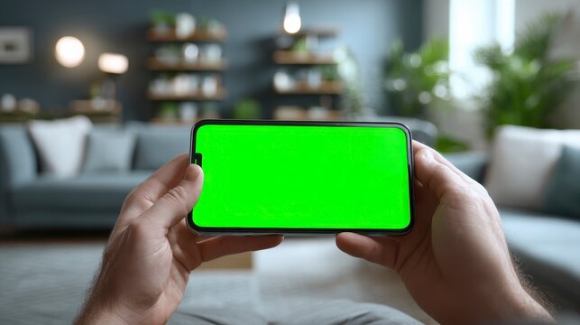 Close-up of hands holding a smartphone with a green screen in front of a blurred living room backdrop - Powered by Adobe