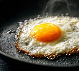 Shot of Egg Frying in Skillet, Golden Glistening Yolk and Soft Cooking Steam, Minimal Kitchen Scene