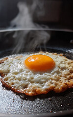 POV Egg Frying in Pan with Glistening Yolk, Gentle Steam, Intimate Home Cooking Mood