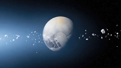 Fototapeta premium Rendered icy world surrounded by rocky debris, orbiting in deep space