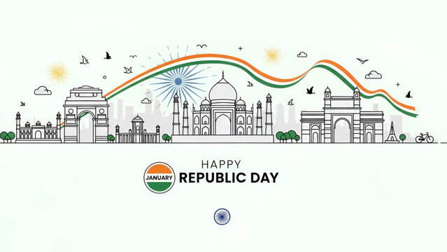 Republic day illustration of india monuments with tricolor wave and ashoka chakra in clean line art style for 26 january independence celebration and republic festival background