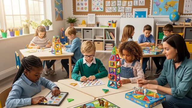 A smiling teacher helps young students learn and play together in a happy classroom at school