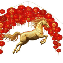 Golden Horse Sculpture Amidst Red Chinese Lanterns.