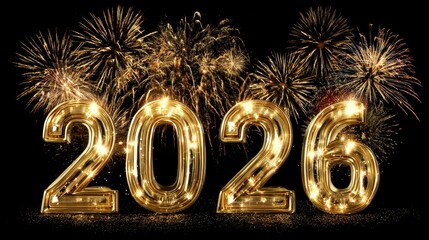 Golden, illuminated "2026" digits with fireworks backdrop, celebrating the new year against a black background