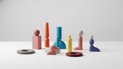 Sculptural geometric forms in vibrant colors arranged on a white backdrop