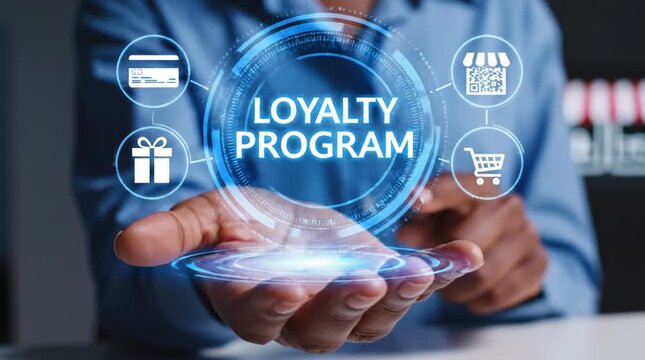 Digital Loyalty Program Concept Presented on a Holographic Interface Above a Business Person's Hand, Showcasing Customer Rewards