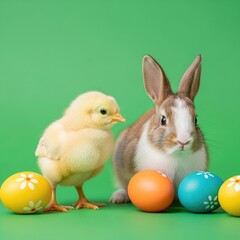 Adorable Easter bunny and chick with colorful eggs on green