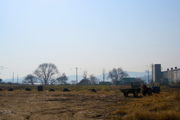 Fototapeta premium A scene in the countryside that looks like a silhouette one day when the fog has lifted