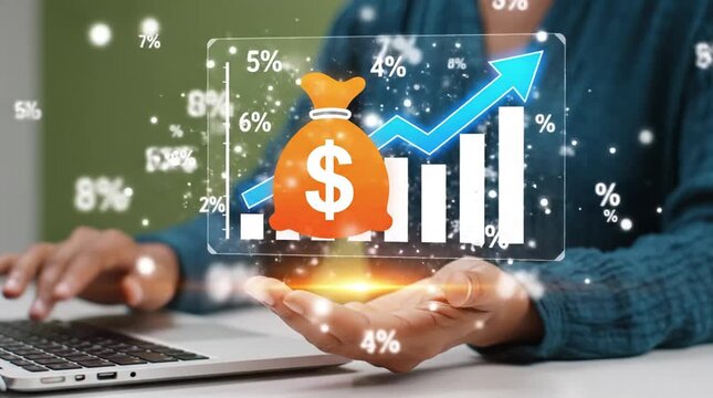 Financial Growth & Investment Success Concept: Hand Interacting with Holographic Money Bag, Upward Bar Chart, and Percentage Data in a Digital Busi...