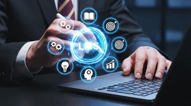 Professional Interacting with Futuristic Digital Learning System Interface, Featuring Business & Education Icons for Online Training and Modern Tec...