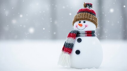 Fototapeta premium Smiling snowman with a hat and scarf in a snowy winter landscape