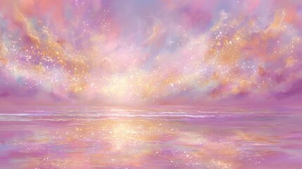 Ethereal sunset landscape with dreamy pink and gold clouds over a calm ocean with shimmering stardust