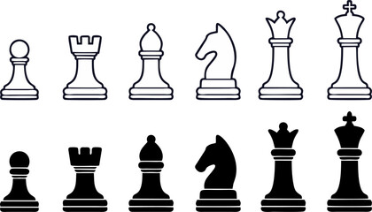 Complete Chess Piece Set Line Art Outline Vector Icons © Cik