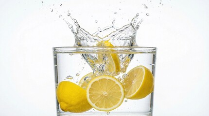 Fresh lemon slices falling into clear water with dynamic splash and bubbles