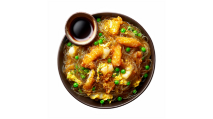 Savory stir-fried clear noodles with golden prawns, fresh green peas, and fluffy egg
