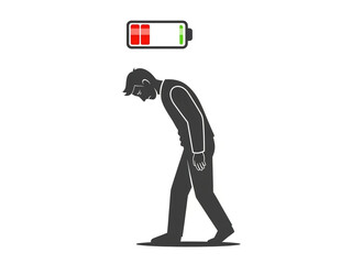 Man feeling exhausted with low battery symbol above head
