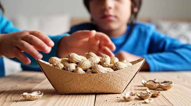 Children's Hands Reaching for a Bowl of Unshelled Peanuts on a Rustic Wooden Table, Healthy Snack Time and Family Sharing Moment