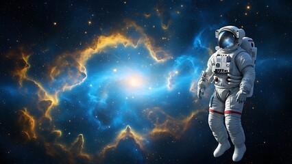 Detailed astronaut in a bulky white spacesuit floats against a vibrant cosmic backdrop featuring a bright blue and orange nebula illuminating distant stars in the deep void of space exploration.