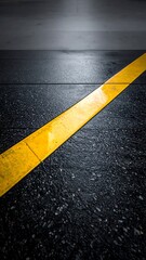 Asphalt surface with bright yellow line marking a path. Dark, textured ground meets lighter, smooth wall