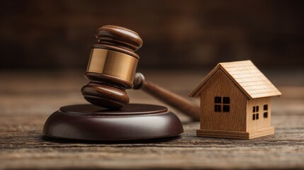 A wooden gavel rests on its stand beside a miniature house, on a weathered, brown wooden surface. The objects create a visual metaphor