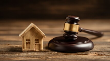 A wooden toy house sits next to a judge's gavel on a rustic wood surface, with brown hues