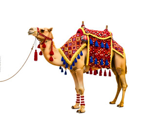 Decorated camel with colorful saddle and harness standing still isolated on transparent background