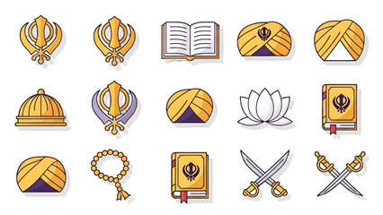 Sikh religion cultural symbols illustration with khanda turban lotus holy book swords dome beads artwork design for festival devotion heritage remembrance for Guru Tegh Bahadur tribute