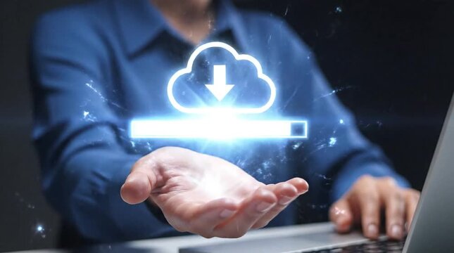 Conceptual Image of Cloud Computing Download & Data Transfer: Hand Holding Glowing Digital Cloud Icon with Progress Bar, Representing Online Storag...