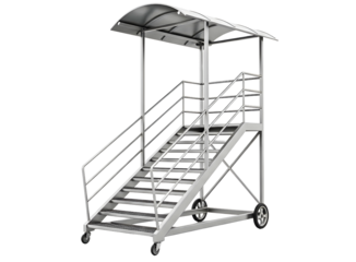 Metal rolling staircase with canopy isolated on transparent background