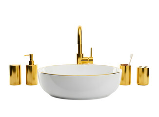 Elegant bathroom sink set with gold fixtures isolated on transparent background