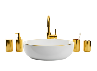 Elegant bathroom sink set with gold fixtures isolated on transparent background