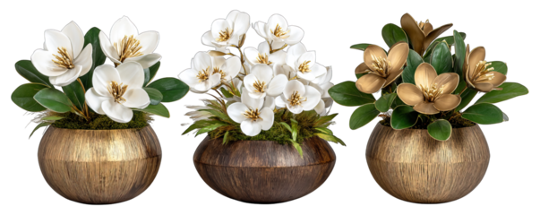 Three distinct floral arrangements displayed in elegant golden vases on a pristine white background