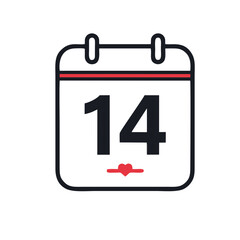 Valentine Day Calendar Icon with Number 14 and Heart Symbol in Flat Line Style