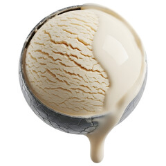 Scoop of Vanilla Ice Cream with Melting Drip in Metallic Scoop
