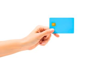 Hand holding blue credit card isolated on transparent background