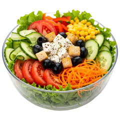 Fresh Vegetable Salad Bowl with Feta Cheese and Croutons Top View
