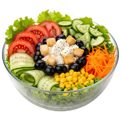 Fresh Garden Salad Bowl with Feta Cheese and Croutons Isolated
