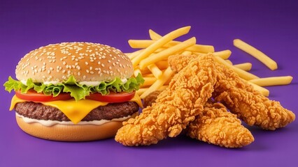 A fast food marketing visual with a classic cheeseburger, crispy fried chicken strips, and golden fries on a bold purple background for combo meal promotion.